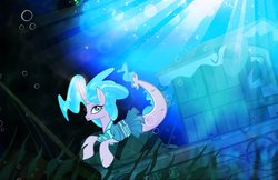 Size: 1000x647 | Tagged: safe, artist:pixelkitties, mistmane, seapony (g4), unicorn, g4, bubble, clothes, crepuscular rays, curved horn, dorsal fin, dress, eyelashes, eyeshadow, female, fin, fish tail, flowing mane, flowing tail, glowing, glowing horn, happy, horn, makeup, mare, ocean, scales, seaponified, seapony mistmane, seaweed, shipwreck, solo, species swap, sunlight, swimming, tail, underwater, water