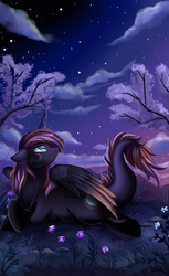 Size: 2150x3509 | Tagged: safe, artist:pridark, oc, oc only, alicorn, dracony, dragon, hybrid, pony, commission, draconicorn, female, flower, high res, horn, looking up, night, scenery, solo, stars, tree, wings