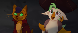 Size: 1920x804 | Tagged: safe, screencap, capper dapperpaws, captain celaeno, abyssinian, anthro, g4, my little pony: the movie, amazed, beauty mark, chest fluff, ear piercing, earring, female, hat, jewelry, male, piercing, pirate hat, shadow