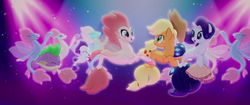 Size: 1920x804 | Tagged: safe, screencap, applejack, haven bay, rarity, sea poppy, spike, earth pony, fish, puffer fish, seapony (g4), unicorn, g4, my little pony: the movie, applejack's hat, baby, baby seapony (g4), background sea pony, bubble, commercial, conga, conga line, cowboy hat, crepuscular rays, cropped, dancing, dancity, dorsal fin, eyelashes, eyes closed, fan, female, fin, fin wings, fins, fish tail, flowing mane, flowing tail, glowing, hat, horn, hug, letterboxing, mare, my little pony productions llc, ocean, one small thing, open mouth, open smile, scales, seaponified, seapony applejack, seapony rarity, seaquestria, smiling, species swap, spike the pufferfish, swimming, tail, this film is not yet rated, underwater, water, wings