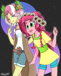 Size: 2489x3131 | Tagged: safe, artist:xan-gelx, gloriosa daisy, vignette valencia, human, equestria girls, equestria girls series, g4, my little pony equestria girls: legend of everfree, rollercoaster of friendship, clothes, duo, duo female, female, floral head wreath, flower, flower in hair, high res, holly, open mouth, shorts