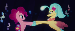 Size: 1920x804 | Tagged: safe, screencap, pinkie pie, princess skystar, earth pony, pony, seapony (g4), g4, my little pony: the movie, cropped, cute, diapinkes, dorsal fin, female, fin, fin wings, fins, fish tail, flower, flower in hair, flowing mane, flowing tail, freckles, glowing, jewelry, looking at each other, looking at someone, mare, necklace, ocean, one small thing, open mouth, open smile, pearl necklace, scales, seaponified, seapony pinkie pie, seaquestria, seashell necklace, smiling, smiling at each other, species swap, swimming, tail, that pony sure does love being a seapony, underwater, water, wings