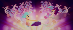 Size: 1920x804 | Tagged: safe, screencap, princess skystar, queen novo, seapony (g4), g4, my little pony: the movie, bubble, colored pupils, coral, crepuscular rays, crown, cute, dancing, dorsal fin, duo, duo female, eyeshadow, female, fin, fin wings, fins, fish tail, floppy ears, flowing mane, flowing tail, glowing, jewelry, looking at each other, looking at someone, makeup, necklace, ocean, one small thing, open mouth, open smile, pearl necklace, peytral, purple eyes, purple mane, purple tail, purple wings, queen, regalia, scales, seaquestria, seaweed, smiling, smiling at each other, swimming, tail, underwater, water, wings