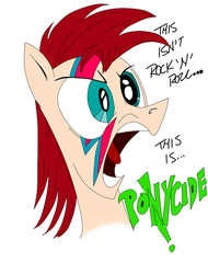 Size: 755x996 | Tagged: safe, anonymous artist, artist:andypriceart, artist:anonymous, edit, pony, aladdin sane, david bowie, open mouth, recolored, screaming, simple background, solo, text, white background