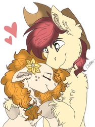Size: 768x1024 | Tagged: dead source, safe, artist:ilovelionspeace, bright mac, pear butter, earth pony, pony, g4, cowboy hat, ear fluff, eyes closed, female, floppy ears, flower, flower in hair, fluffy, freckles, hat, heart, male, mare, ship:brightbutter, shipping, simple background, smiling, stallion, straight, white background