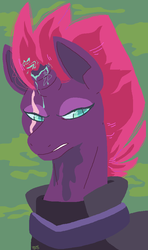 Size: 584x984 | Tagged: safe, artist:pikabounded, tempest shadow, pony, unicorn, g4, my little pony: the movie, abstract background, armor, broken horn, eye scar, female, horn, lidded eyes, mare, scar, slit pupils, sneer, solo, sparking horn