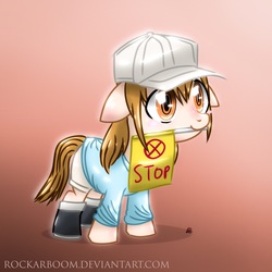 Size: 2048x2048 | Tagged: safe, artist:rockarboom, earth pony, pony, anime, boots, cap, cells at work, clothes, female, filly, gradient background, hat, high res, mouth hold, parody, platelets, ponified, shirt, shoes, sign, solo, stop sign, t-shirt