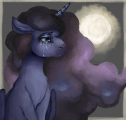 Size: 896x855 | Tagged: safe, artist:colorlesscupcake, princess luna, alicorn, pony, g4, crying, ethereal mane, female, floppy ears, mare, missing accessory, sitting, solo, starry mane