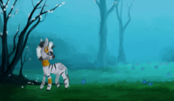 Size: 1837x1073 | Tagged: safe, artist:colorlesscupcake, zecora, pony, zebra, g4, ear piercing, earring, female, flower, forest, jewelry, looking back, mare, mist, painting, piercing, poison joke, solo