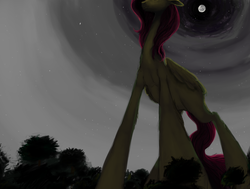 Size: 1121x848 | Tagged: safe, artist:colorlesscupcake, fluttershy, pegasus, pony, g4, female, forest, full moon, macro, mare, moon, solo, stars, tree, wat