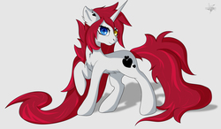 Size: 3697x2160 | Tagged: safe, artist:drarkusss0, oc, oc only, oc:kristel chan, pony, unicorn, blue eyes, female, heterochromia, high res, long hair, long mane, raised hoof, red mane, simple background, solo, white background