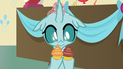 Size: 1280x720 | Tagged: safe, screencap, ocellus, changedling, changeling, g4, marks for effort, cupcake, cute, dessert, diaocelles, female, floppy ears, food, holding, school of friendship, smiling, solo