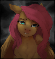 Size: 727x779 | Tagged: safe, artist:colorlesscupcake, edit, fluttershy, pegasus, pony, g4, beautiful, cropped, female, floppy ears, lidded eyes, looking at you, mare, smiling, solo
