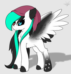 Size: 1024x1069 | Tagged: safe, artist:drarkusss0, oc, oc only, oc:kiaruh, pegasus, pony, beanie, female, hat, heterochromia, long hair, long mane, simple background, solo, standing, white background