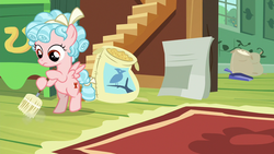 Size: 1280x720 | Tagged: safe, screencap, cozy glow, pegasus, pony, g4, marks for effort, belly, bipedal, bird seed, broom, female, filly, fluttershy's cottage, solo, spread wings, sweeping, wings