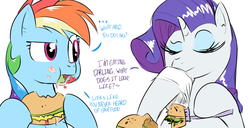 Size: 1500x768 | Tagged: safe, artist:sunibee, color edit, edit, rainbow dash, rarity, pegasus, pony, unicorn, g4, ..., and then there's rarity, burger, colored, darling, dialogue, duo, eating, female, food, fork, hamburger, hoof hold, mare, simple background, text, white background
