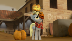 Size: 1920x1080 | Tagged: safe, derpy hooves, pegasus, pony, g4, 3d, autumn, bubble, clothes, female, halloween, holiday, jack-o-lantern, leaves, mare, pumpkin, sad, scarf, source filmmaker