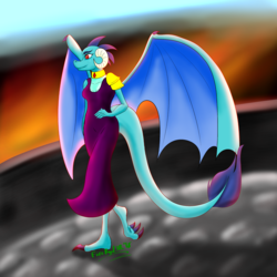 Size: 2160x2160 | Tagged: safe, artist:fireryd3r, princess ember, dragon, anthro, g4, clothes, dress, female, fire, happy, high res, walking, wings