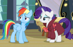 Size: 809x517 | Tagged: safe, screencap, rainbow dash, rarity, pegasus, pony, unicorn, g4, rarity investigates, animated, blushing, clothes, female, looking at each other, loop, mare, trenchcoat
