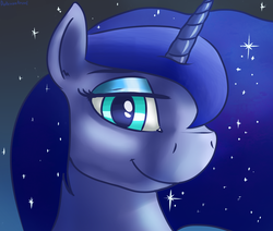 Size: 1980x1680 | Tagged: safe, artist:dukevonkessel, princess luna, alicorn, pony, g4, bust, female, looking at you, mare, night, portrait, smiling, solo, stars