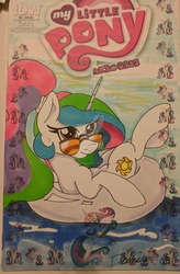 Size: 1024x1563 | Tagged: safe, artist:demise-the-art-demon, idw, princess celestia, pony, g4, cover, female, inner tube, mare, solo, traditional art, watermark
