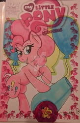Size: 1024x1567 | Tagged: safe, artist:demise-the-art-demon, idw, pinkie pie, earth pony, pony, g4, bubble, cover, female, mare, partillery, party cannon, solo, traditional art