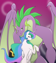 Size: 2634x2909 | Tagged: safe, artist:evoheaven, princess celestia, spike, alicorn, dragon, pony, g4, female, folded wings, high res, looking at you, male, mare, older, older spike, ship:spikelestia, shipping, straight, winged spike, wings