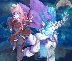 Size: 1600x1371 | Tagged: safe, artist:dovecake, princess luna, oc, oc:miramu, anthro, g4, armor, clothes, couple, duo, female, furry, moon, spread wings, weapon, wings