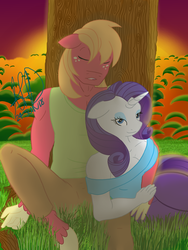 Size: 2448x3264 | Tagged: safe, artist:crimsonglow, big macintosh, rarity, earth pony, anthro, unguligrade anthro, g4, breasts, busty rarity, cleavage, female, high res, male, ship:rarimac, shipping, shoulderless, sleeping, straight, sunset, tree