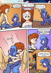 Size: 1280x1853 | Tagged: safe, artist:shieltar, princess luna, oc, oc:grace harmony, alicorn, human, pony, comic:birth of equestria, g4, belly button, comic, crying, female, filly, midriff, tube top, winged human, woona, younger