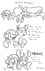 Size: 697x1092 | Tagged: safe, artist:jargon scott, starlight glimmer, thorax, changedling, changeling, pony, unicorn, g4, bad pun, black and white, comic, couch, dialogue, double entendre, duo, explaining the joke, female, grayscale, horny, king thorax, lineart, male, mare, monochrome, pun, side hug, sigh, simple background, starlight glimmer is not amused, unamused, white background