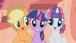 Size: 1200x675 | Tagged: safe, screencap, applejack, rarity, twilight sparkle, pony, g4, look before you sleep, golden oaks library, hair curlers