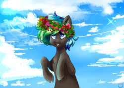 Size: 2555x1833 | Tagged: safe, artist:sakura-sven, oc, oc only, oc:bright idea, pony, cloud, cloudy, floral head wreath, flower, solo