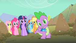 Size: 1280x720 | Tagged: safe, screencap, applejack, fluttershy, pinkie pie, rainbow dash, spike, twilight sparkle, dragon, earth pony, pony, unicorn, a dog and pony show, g4, cartoon logic, cartoon physics, female, gem, male, mare, pocket, unicorn twilight