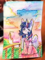 Size: 2976x3968 | Tagged: safe, artist:zefirka, twilight sparkle, alicorn, pony, g4, castle, clothes, dress, female, high res, solo, traditional art, twilight sparkle (alicorn), watercolor painting