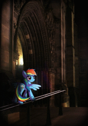 Size: 567x816 | Tagged: safe, artist:twodeepony, rainbow dash, pegasus, pony, g4, animated, cathedral, cinemagraph, female, flickering lights, irl, mare, no sound, photo, ponies in real life, railing, solo, webm