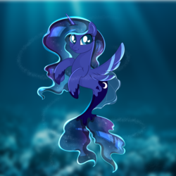 Size: 3000x3000 | Tagged: safe, artist:saralien, princess luna, seapony (g4), g4, blue eyes, blue mane, crepuscular rays, cute, dorsal fin, female, fish tail, flowing mane, heart eyes, high res, hoof shoes, horn, looking at you, lunabetes, ocean, seaponified, seapony luna, smiling, solo, species swap, spread wings, sunlight, tail, underwater, water, wingding eyes, wings