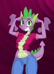Size: 822x1122 | Tagged: safe, artist:lil miss jay, spike, dragon, anthro, full service playing cards, g4, blushing, clothes, femboy, flexing, floating wings, grin, gritted teeth, hips, jeans, looking at you, male, pants, shirt, smiling, solo, torn clothes, winged spike, wings
