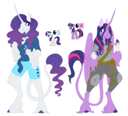 Size: 1100x1000 | Tagged: safe, artist:eleamorbid, artist:erisartiswitchcraft, part of a set, rarity, twilight sparkle, alicorn, classical unicorn, unicorn, anthro, unguligrade anthro, g4, alternative cutie mark placement, armor, bandage, base used, clothes, cloven hooves, duo, ear piercing, earring, female, horn, jewelry, leonine tail, looking at each other, necklace, piercing, reference sheet, shorts, simple background, transparent background, twilight sparkle (alicorn), unshorn fetlocks