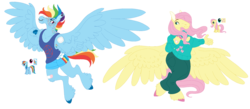 Size: 2300x1000 | Tagged: safe, artist:eleamorbid, artist:erisartiswitchcraft, part of a set, fluttershy, rainbow dash, pegasus, anthro, unguligrade anthro, g4, alternate hairstyle, alternative cutie mark placement, bandaid, base used, clothes, duo, ear piercing, earring, female, flying, freckles, jewelry, large wings, looking at each other, piercing, reference sheet, shorts, simple background, spread wings, sweater, sweatershy, transparent background, wings
