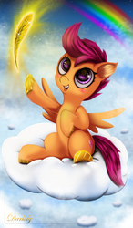 Size: 2929x5008 | Tagged: safe, artist:darksly, scootaloo, pegasus, pony, g4, blushing, cloud, cutie mark, feather, female, filly, foal, hooves, horseshoes, on a cloud, open mouth, rainbow, scootaloo can fly, sitting, sitting on a cloud, solo, spread wings, teeth, wings