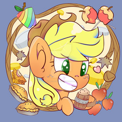 Size: 900x900 | Tagged: safe, artist:kumikoponylk, applejack, earth pony, pony, g4, apple, apple pie, chibi, cider, food, mug, pie, smiling, tankard, watermark, zap apple