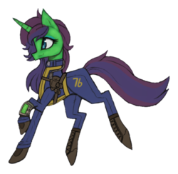 Size: 1332x1301 | Tagged: safe, artist:raptor007, oc, oc:fantasia charm, pony, fallout equestria, clothes, crossover, fallout, fallout 76, female, full body vault suit, jumpsuit, mare, pipboy, pipbuck, simple background, transparent background, vault suit