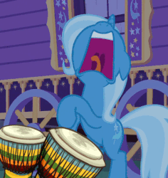 Size: 426x452 | Tagged: safe, edit, edited screencap, screencap, trixie, pony, g4, to where and back again, animated, bongos, cropped, djembes, ears back, female, freakout, hoofy-kicks, majestic as fuck, musical instrument, solo, song of my people, trixie's wagon