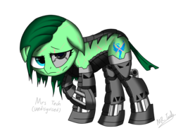 Size: 1500x1125 | Tagged: safe, artist:hugo231929, oc, oc only, oc:mrs. tech, cyborg, earth pony, pony, crossed legs, eye contact, looking at you, piston, sad, scar, simple background, solo, transparent background