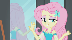 Size: 1920x1080 | Tagged: safe, screencap, fluttershy, equestria girls, g4, my little pony equestria girls: better together, so much more to me, beautiful, bedroom eyes, cute, female, geode of fauna, lidded eyes, magical geodes, mirror, shyabetes, solo