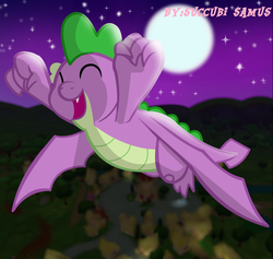 Size: 1960x1860 | Tagged: safe, artist:succubi samus, spike, dragon, g4, baby, baby dragon, commission, cute, eyes closed, flying, happy, houses, male, moon, night, night sky, open mouth, ponyville, signature, sky, smiling, solo, spikabetes, stars, town hall, winged spike, wings