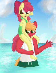 Size: 2550x3300 | Tagged: safe, artist:skyflys, apple bloom, big macintosh, earth pony, anthro, g4, barefoot, brother and sister, chipped tooth, clothes, feet, female, high res, male, one-piece swimsuit, open-back swimsuit, piggyback ride, swimsuit, water