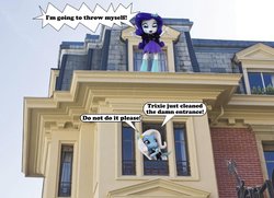 Size: 919x667 | Tagged: safe, artist:whatthehell!?, edit, rarity, trixie, equestria girls, g4, attempted suicide, boots, clothes, doll, dress, equestria girls minis, eqventures of the minis, female, house, irl, photo, shoes, skirt, toy