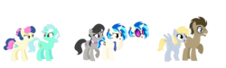 Size: 2300x700 | Tagged: safe, artist:yaco, bon bon, derpy hooves, dj pon-3, doctor whooves, lyra heartstrings, octavia melody, sweetie drops, time turner, vinyl scratch, earth pony, pegasus, pony, unicorn, g4, background six, female, lesbian, male, ship:doctorderpy, ship:lyrabon, ship:scratchtavia, shipping, simple background, straight, transparent background